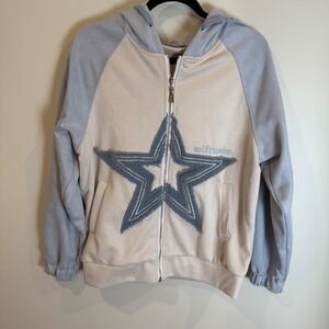 Aelfric Eden Star Patch Zip Up Hoodie Cream Blue Raglan Sleeve Size S